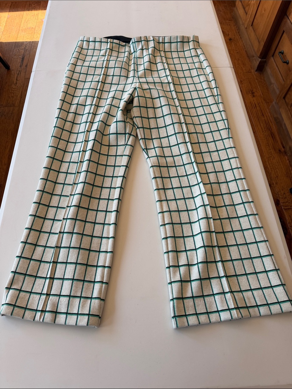Anthropologie Cream Trousers with Green Windowpane Grid